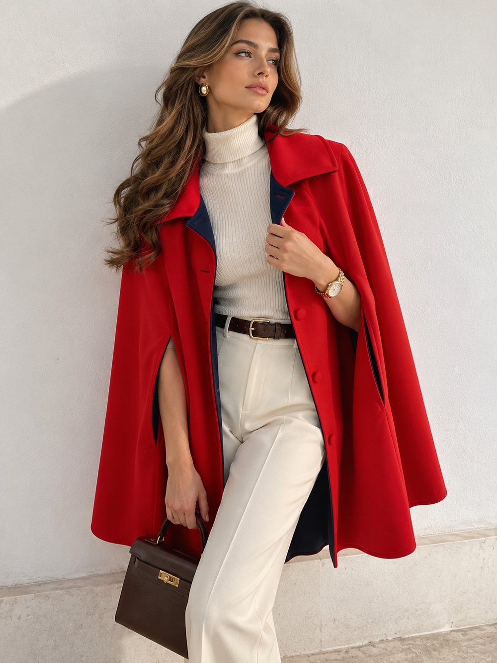 Handmade Red Cape Poncho Jacket One Size Navy Lined Old Money Style Elegant